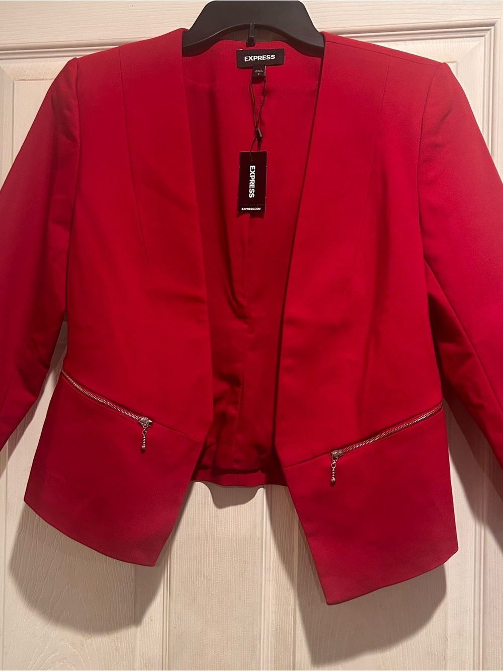 Express Red Open-Front Zip-Pocket Cropped Blazer